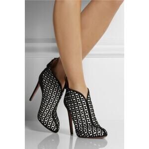 ALAÏA Laser-cut Suede Ankle Boots Booties Black White Leather High Heels